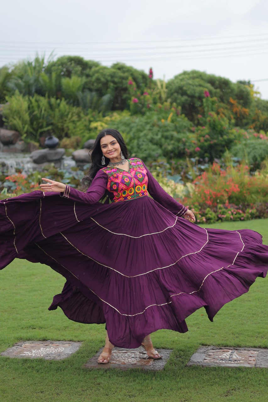 Wine Navratri Special 14 Kg Reyon Gown with Kutchi Gamthi & Mirror Hand Work – 4-Layer Frill, 10+ Meter Flair