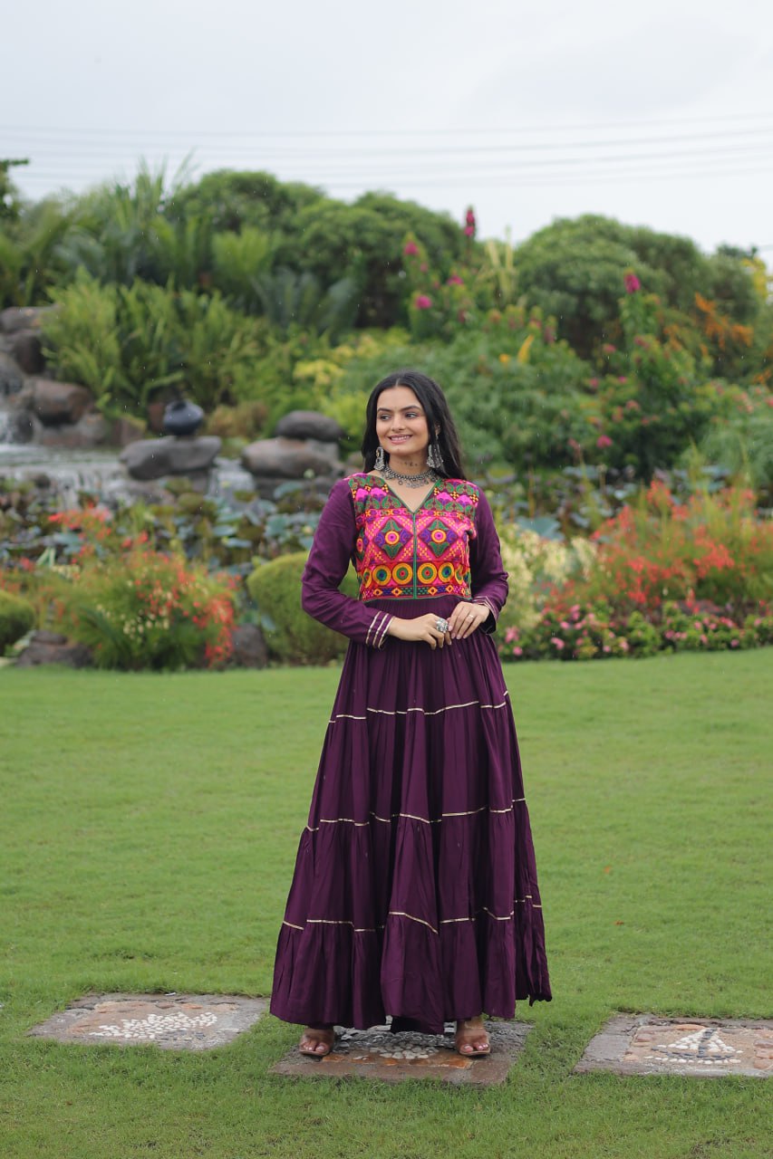 Wine Navratri Special 14 Kg Reyon Gown with Kutchi Gamthi & Mirror Hand Work – 4-Layer Frill, 10+ Meter Flair