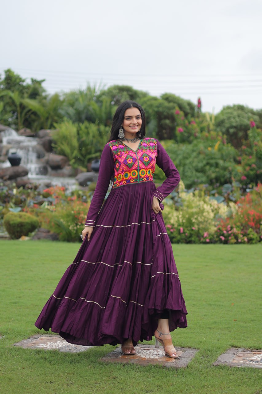Wine Navratri Special 14 Kg Reyon Gown with Kutchi Gamthi & Mirror Hand Work – 4-Layer Frill, 10+ Meter Flair