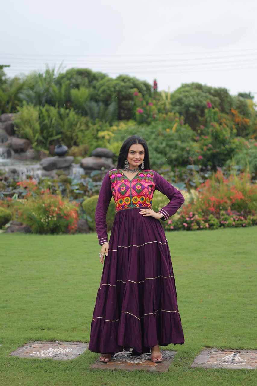 Wine Navratri Special 14 Kg Reyon Gown with Kutchi Gamthi & Mirror Hand Work – 4-Layer Frill, 10+ Meter Flair