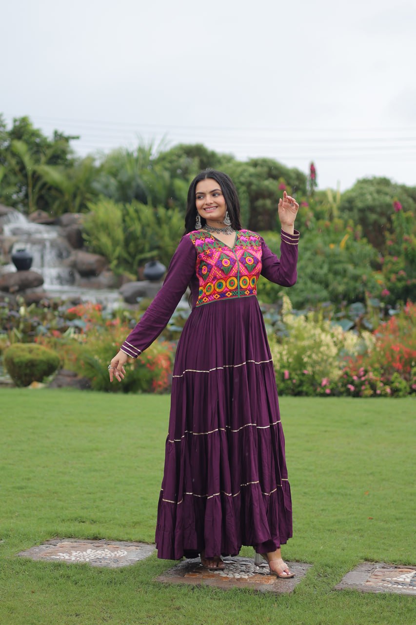 Wine Navratri Special 14 Kg Reyon Gown with Kutchi Gamthi & Mirror Hand Work – 4-Layer Frill, 10+ Meter Flair
