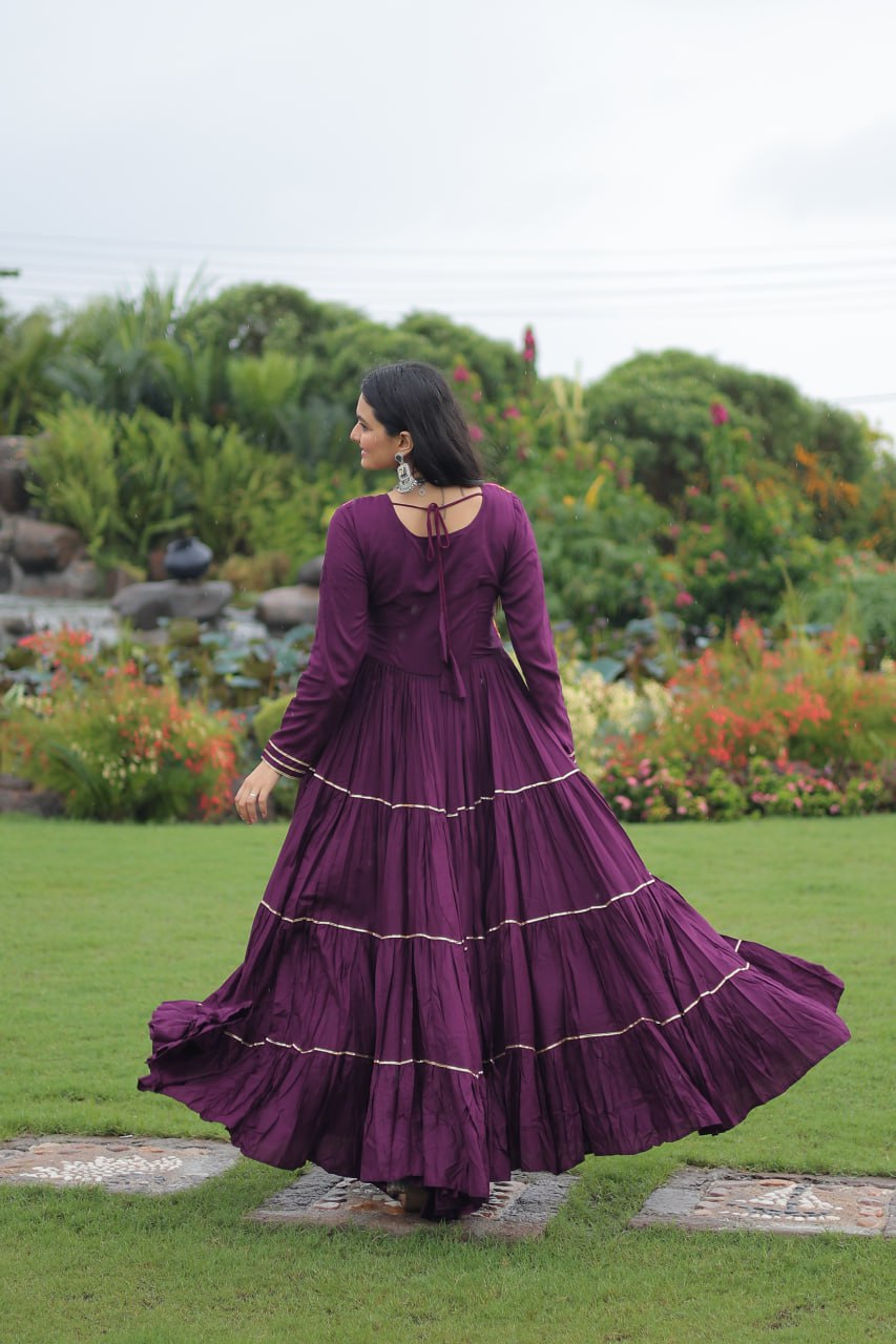 Wine Navratri Special 14 Kg Reyon Gown with Kutchi Gamthi & Mirror Hand Work – 4-Layer Frill, 10+ Meter Flair