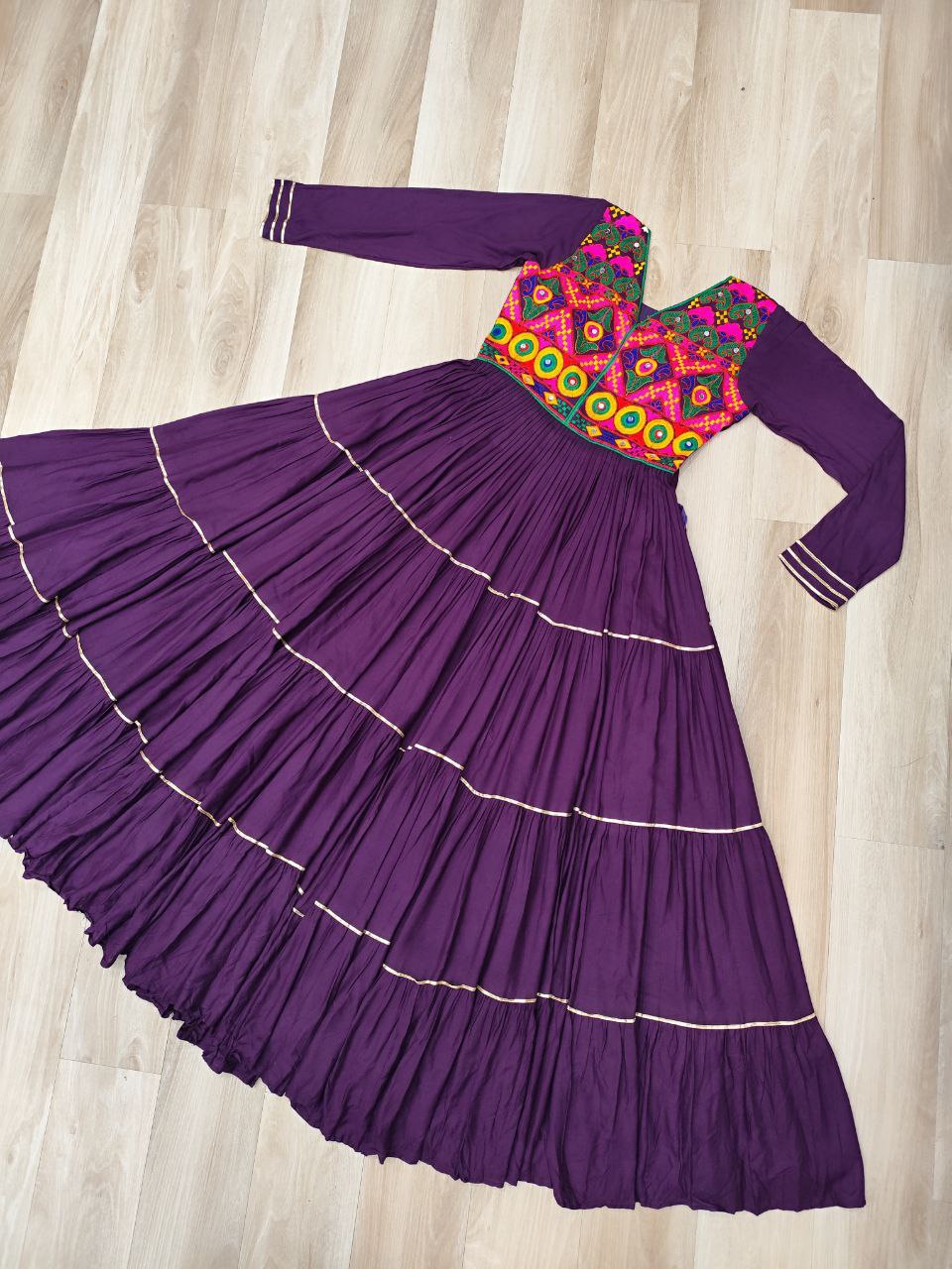 Wine Navratri Special 14 Kg Reyon Gown with Kutchi Gamthi & Mirror Hand Work – 4-Layer Frill, 10+ Meter Flair