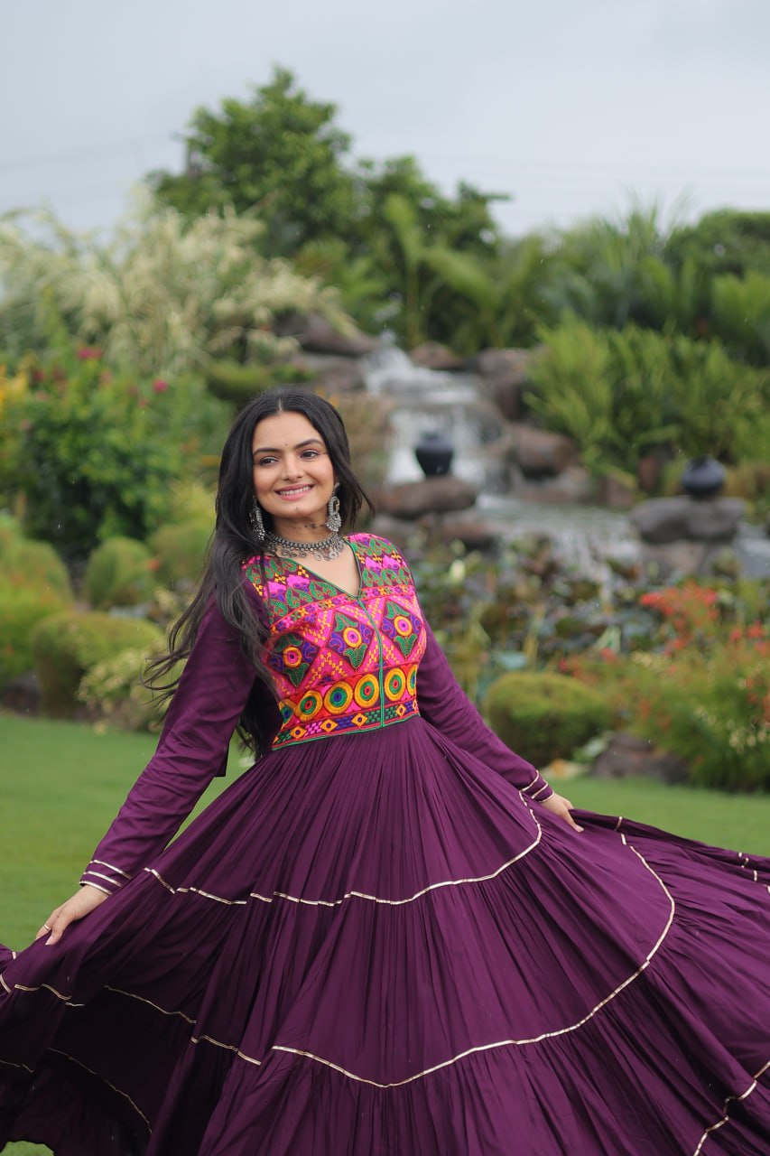 Wine Navratri Special 14 Kg Reyon Gown with Kutchi Gamthi & Mirror Hand Work – 4-Layer Frill, 10+ Meter Flair