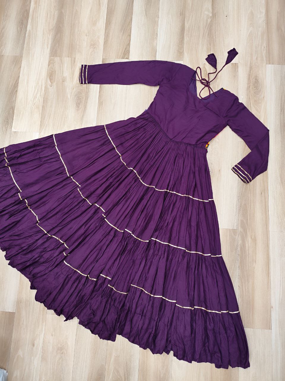 Wine Navratri Special 14 Kg Reyon Gown with Kutchi Gamthi & Mirror Hand Work – 4-Layer Frill, 10+ Meter Flair
