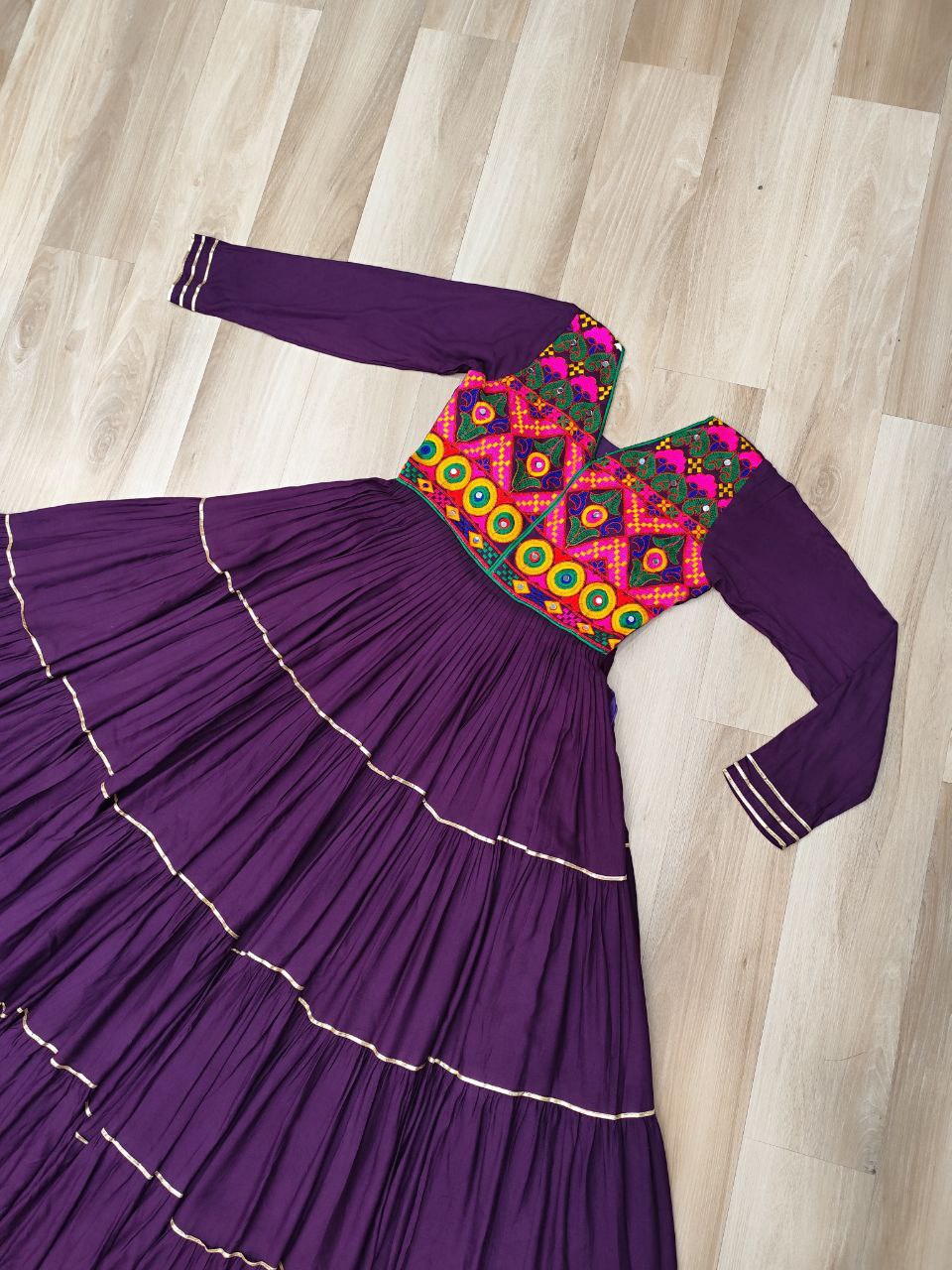 Wine Navratri Special 14 Kg Reyon Gown with Kutchi Gamthi & Mirror Hand Work – 4-Layer Frill, 10+ Meter Flair