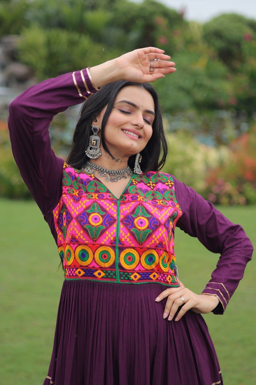 Wine Navratri Special 14 Kg Reyon Gown with Kutchi Gamthi & Mirror Hand Work – 4-Layer Frill, 10+ Meter Flair