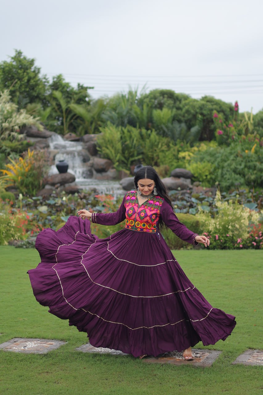Wine Navratri Special 14 Kg Reyon Gown with Kutchi Gamthi & Mirror Hand Work – 4-Layer Frill, 10+ Meter Flair