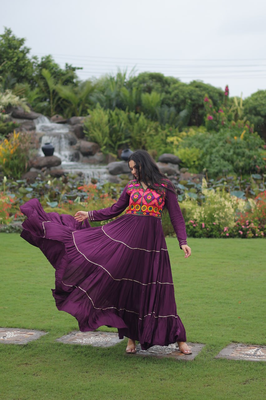 Wine Navratri Special 14 Kg Reyon Gown with Kutchi Gamthi & Mirror Hand Work – 4-Layer Frill, 10+ Meter Flair