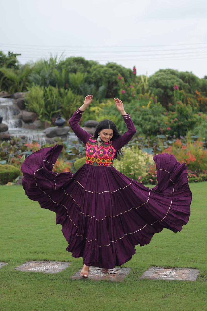 Wine Navratri Special 14 Kg Reyon Gown with Kutchi Gamthi & Mirror Hand Work – 4-Layer Frill, 10+ Meter Flair