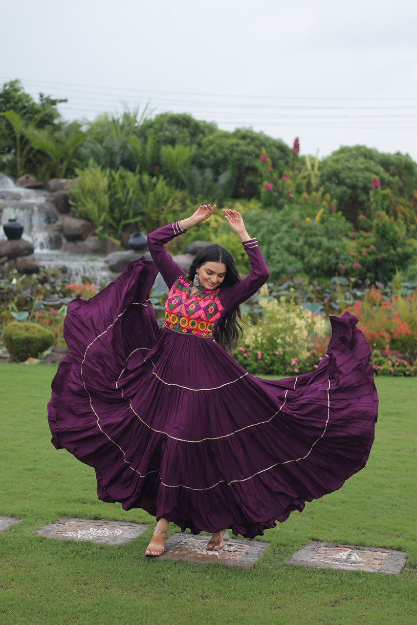 Wine Navratri Special 14 Kg Reyon Gown with Kutchi Gamthi & Mirror Hand Work – 4-Layer Frill, 10+ Meter Flair