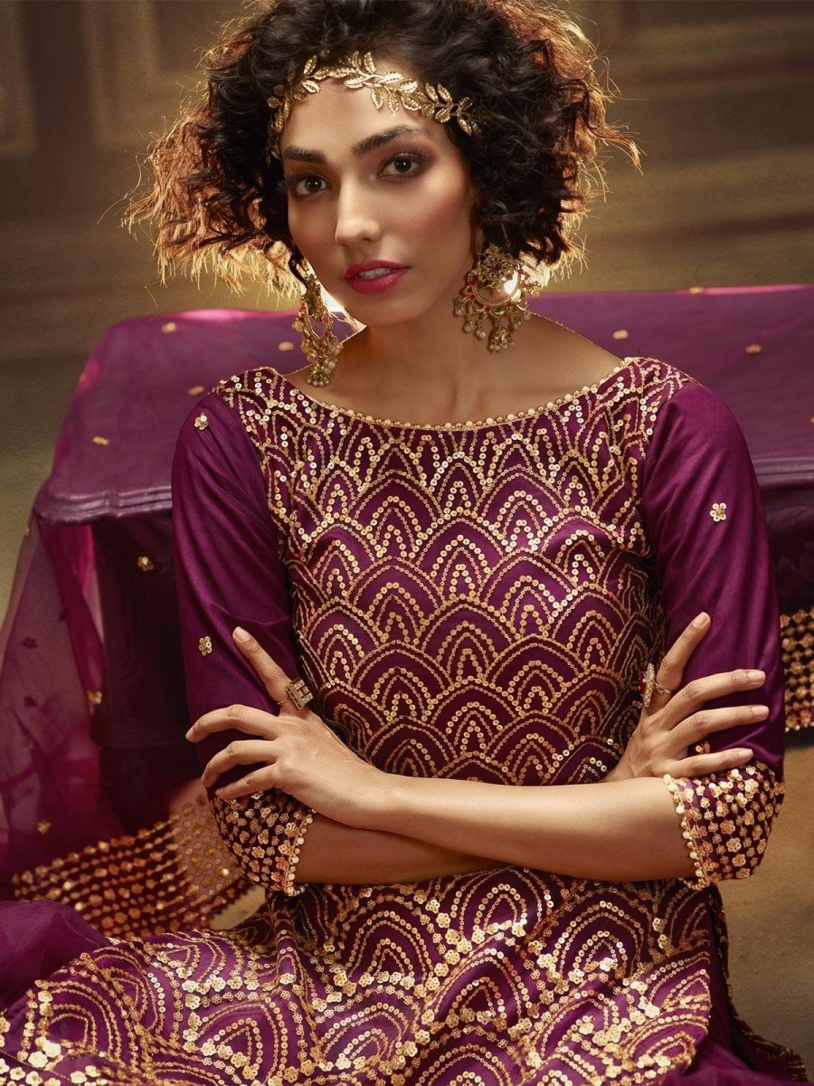 Wine Net Embroidered Partywear Sharara Suit