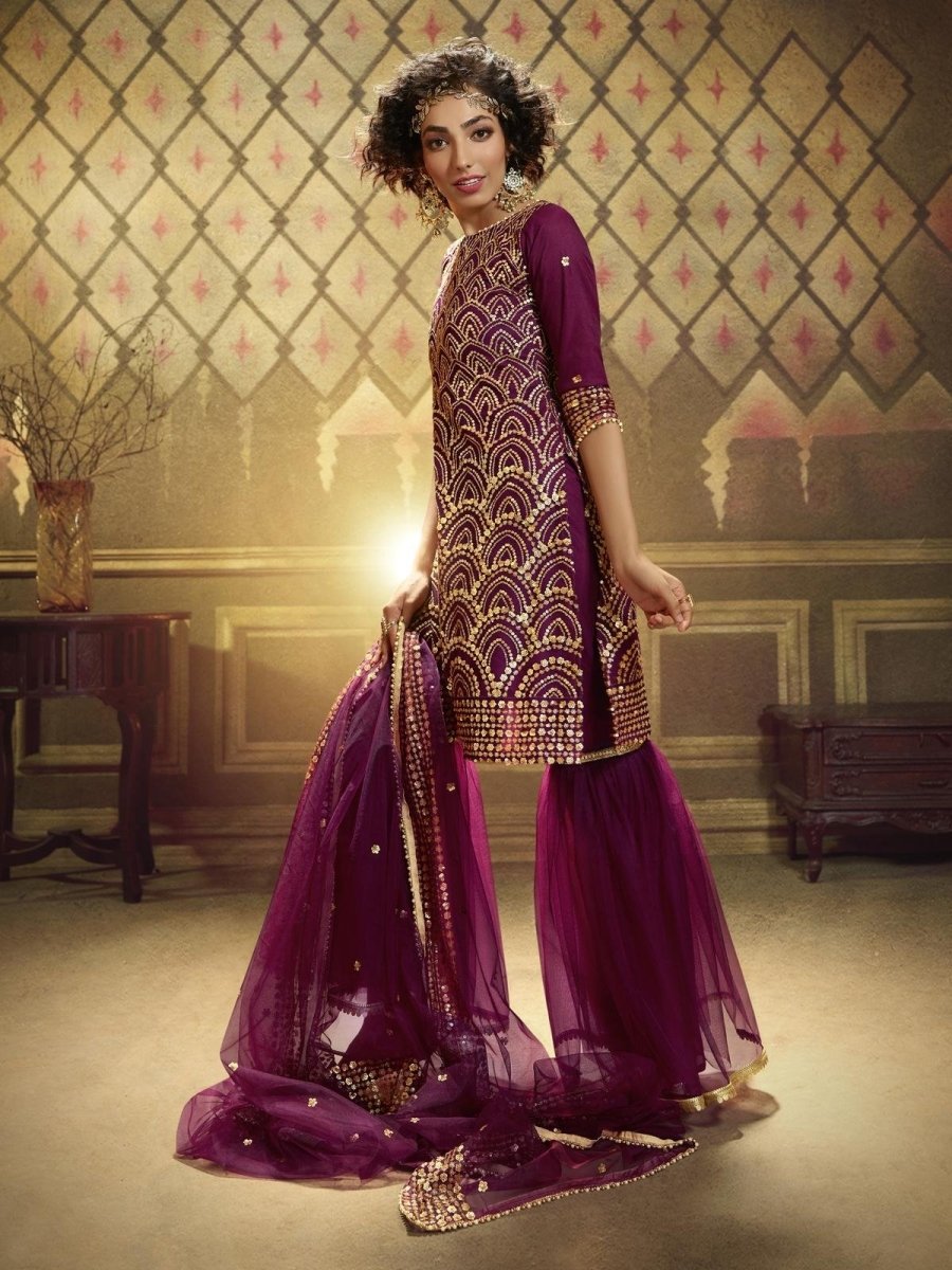 Wine Net Embroidered Partywear Sharara Suit