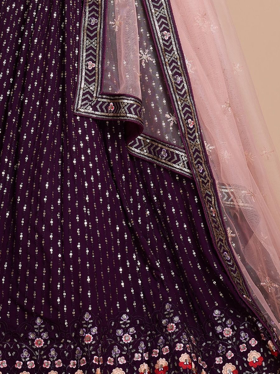 Wine Pakistani Georgette Lehenga Choli For Indian Festivals & Weddings - Sequence Embroidery Work, Thread Embroidery Work,