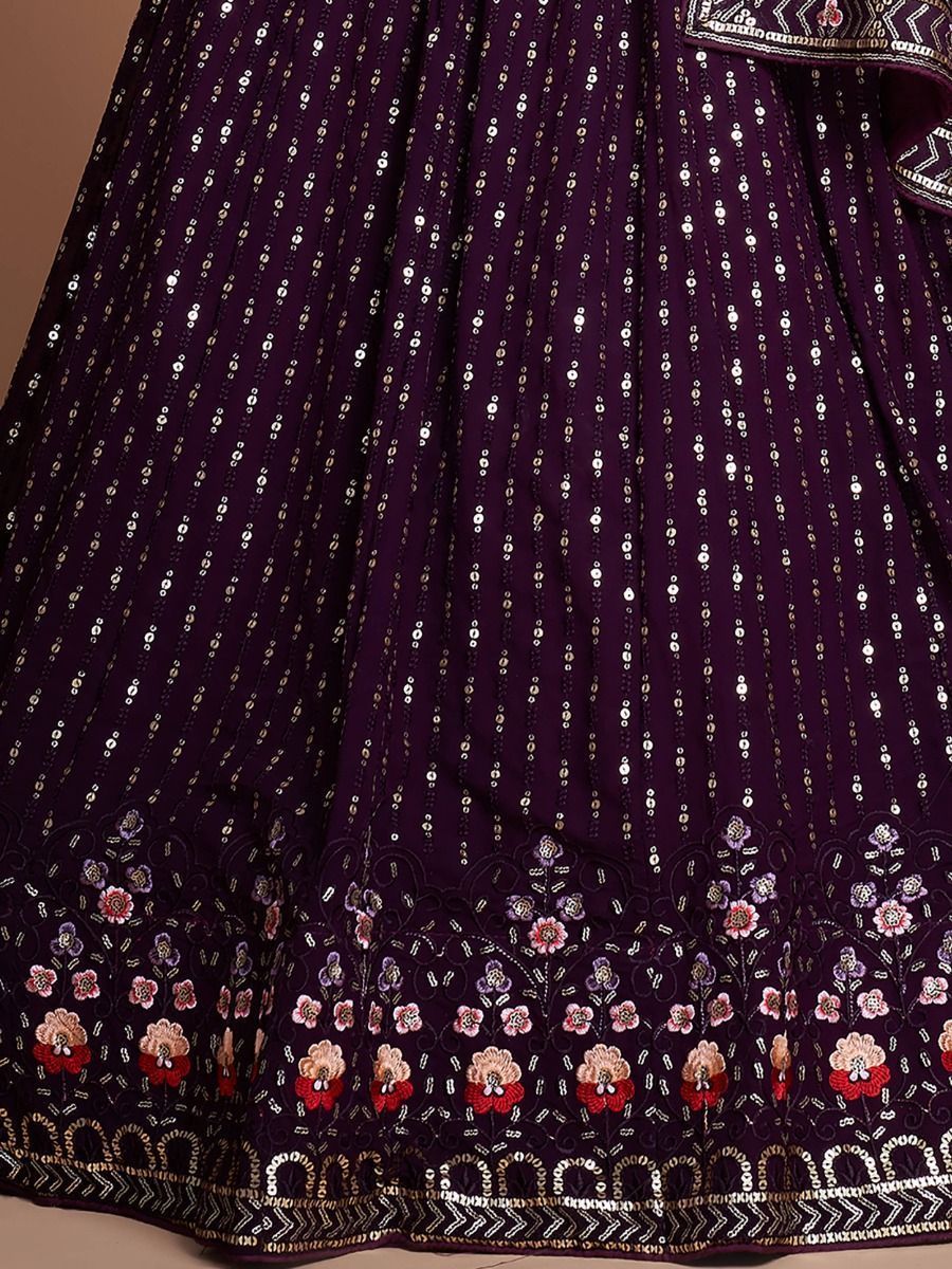 Wine Pakistani Georgette Lehenga Choli For Indian Festivals & Weddings - Sequence Embroidery Work, Thread Embroidery Work,