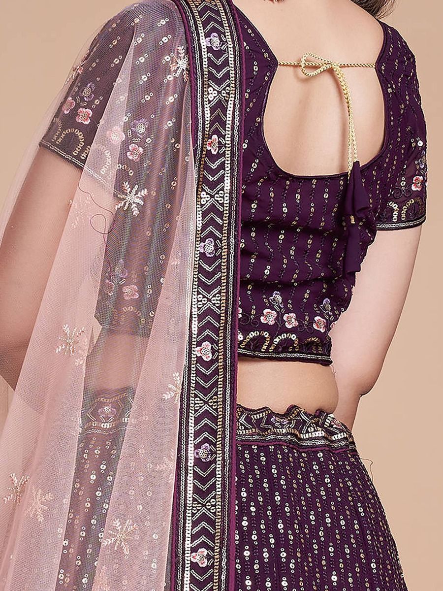 Wine Pakistani Georgette Lehenga Choli For Indian Festivals & Weddings - Sequence Embroidery Work, Thread Embroidery Work,