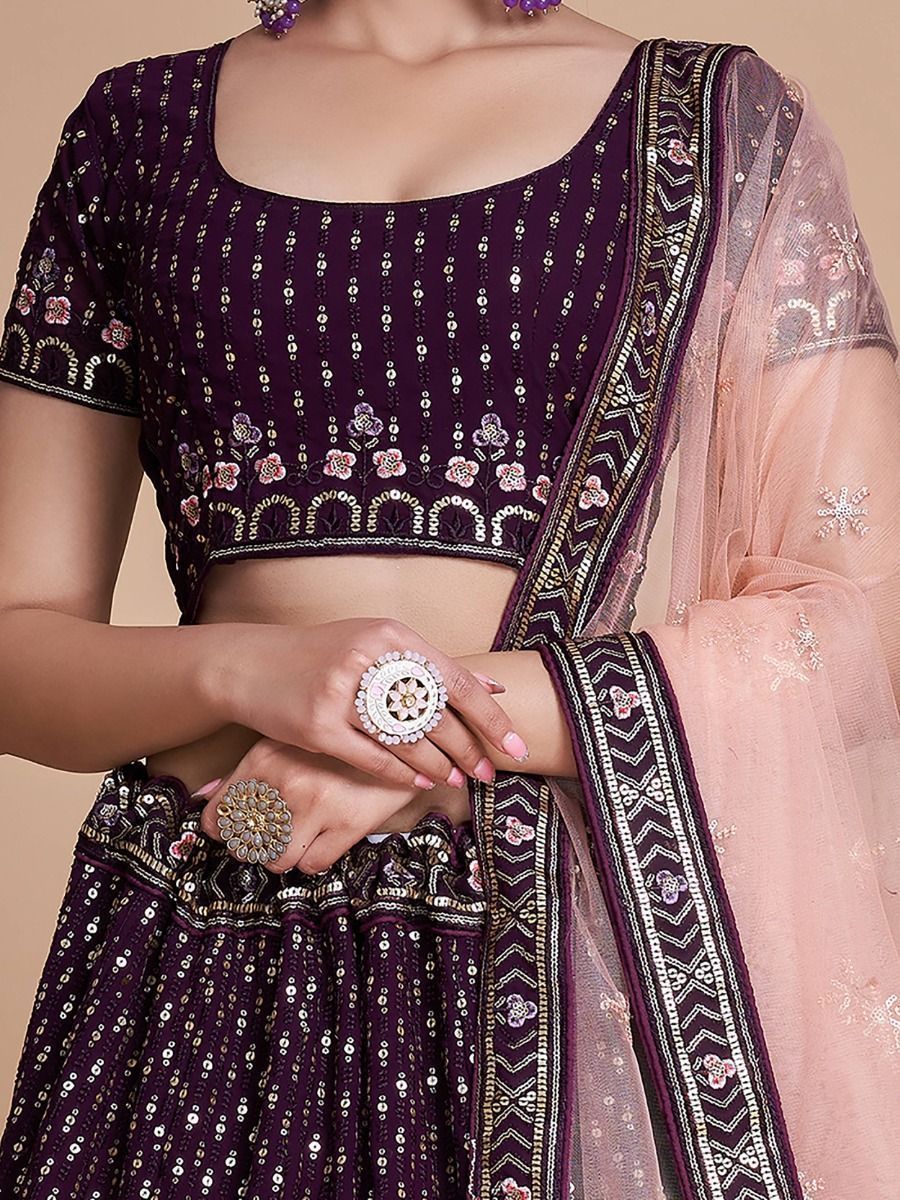 Wine Pakistani Georgette Lehenga Choli For Indian Festivals & Weddings - Sequence Embroidery Work, Thread Embroidery Work,