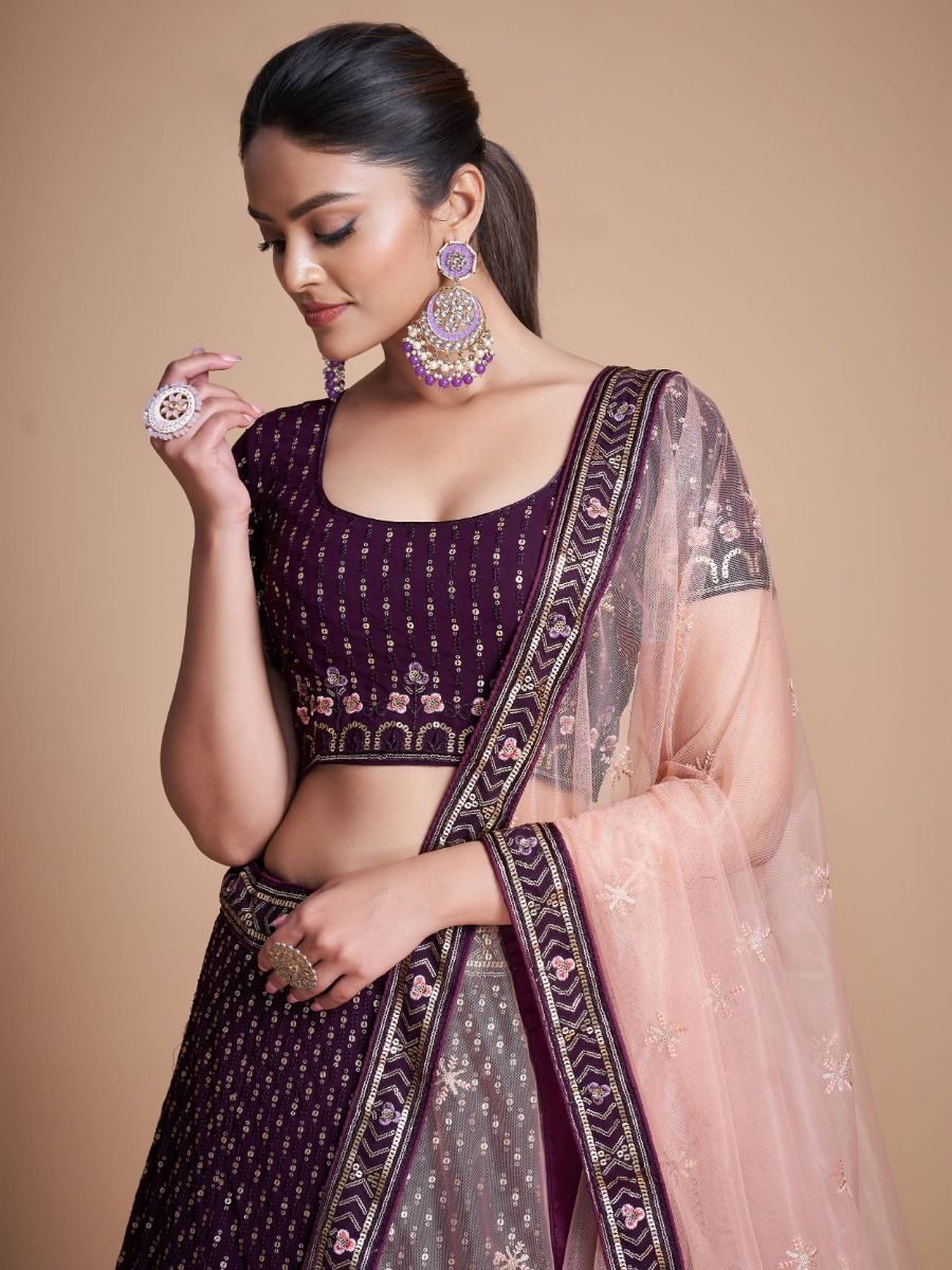 Wine Pakistani Georgette Lehenga Choli For Indian Festivals & Weddings - Sequence Embroidery Work, Thread Embroidery Work,