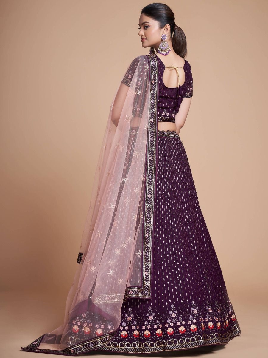 Wine Pakistani Georgette Lehenga Choli For Indian Festivals & Weddings - Sequence Embroidery Work, Thread Embroidery Work,