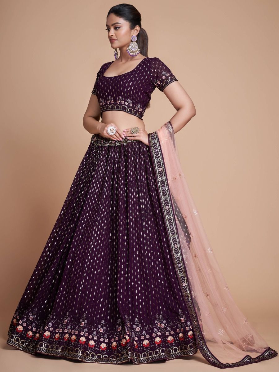 Wine Pakistani Georgette Lehenga Choli For Indian Festivals & Weddings - Sequence Embroidery Work, Thread Embroidery Work,