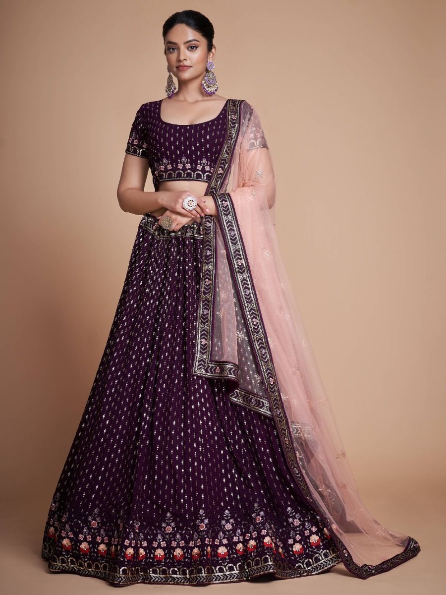 Wine Pakistani Georgette Lehenga Choli For Indian Festivals & Weddings - Sequence Embroidery Work, Thread Embroidery Work,