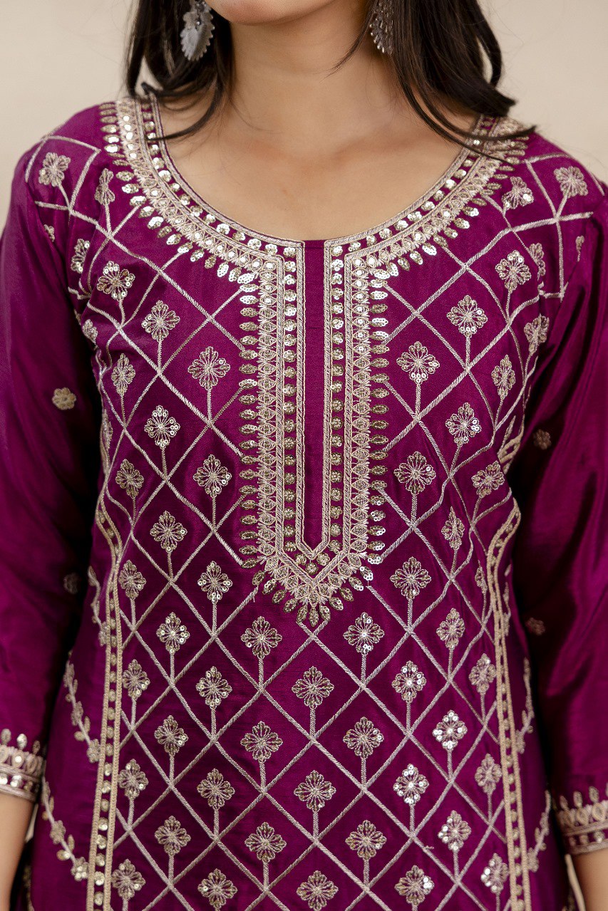 Wine Premium Chinon Sharara Suit Set with Heavy Coding Sequins Embroidery