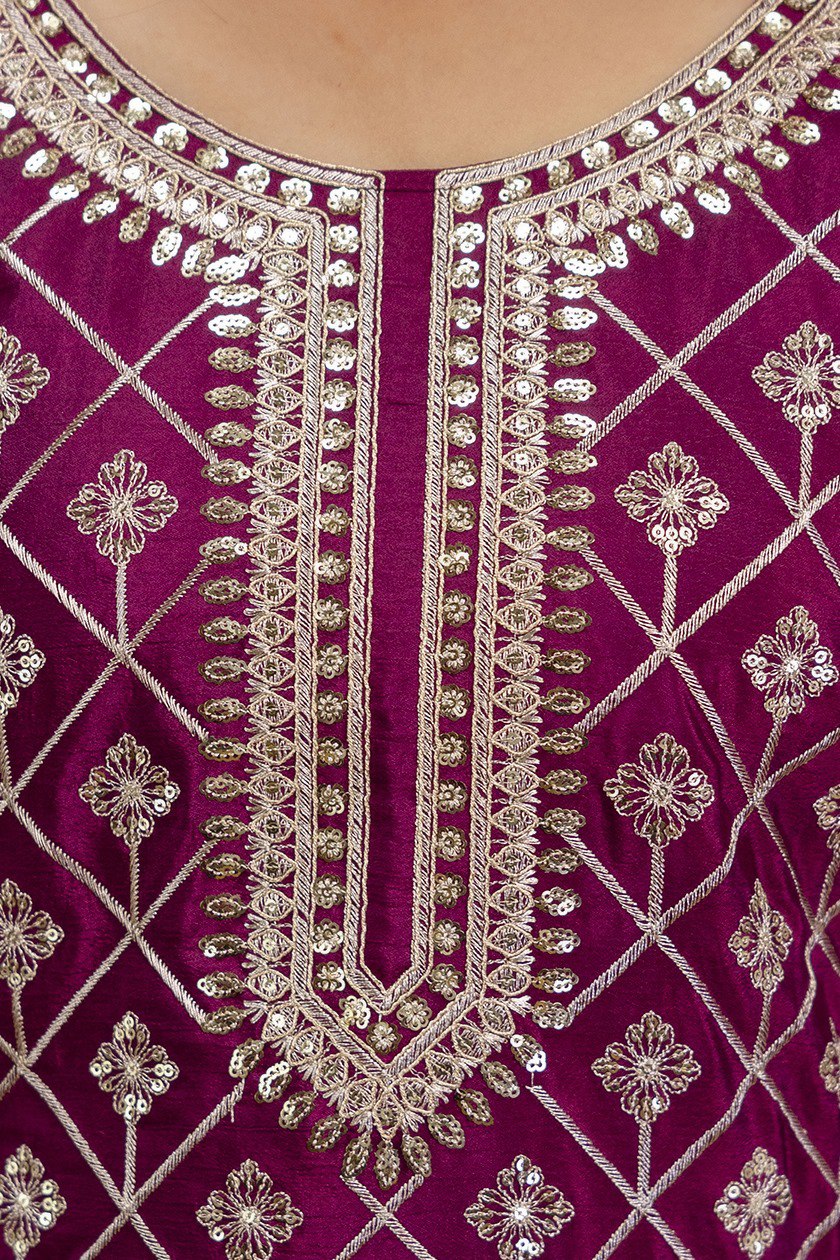 Wine Premium Chinon Sharara Suit Set with Heavy Coding Sequins Embroidery