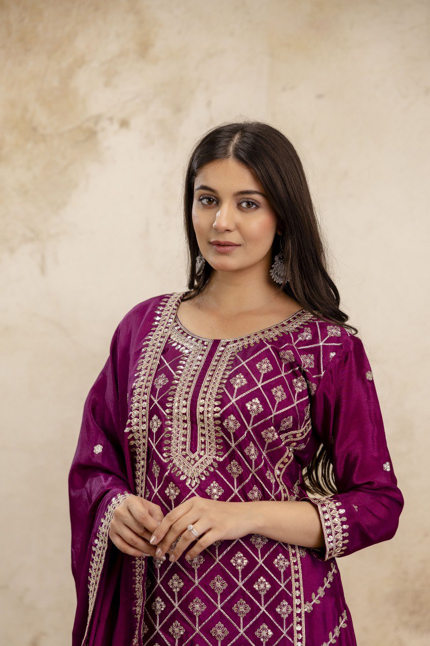 Wine Premium Chinon Sharara Suit Set with Heavy Coding Sequins Embroidery