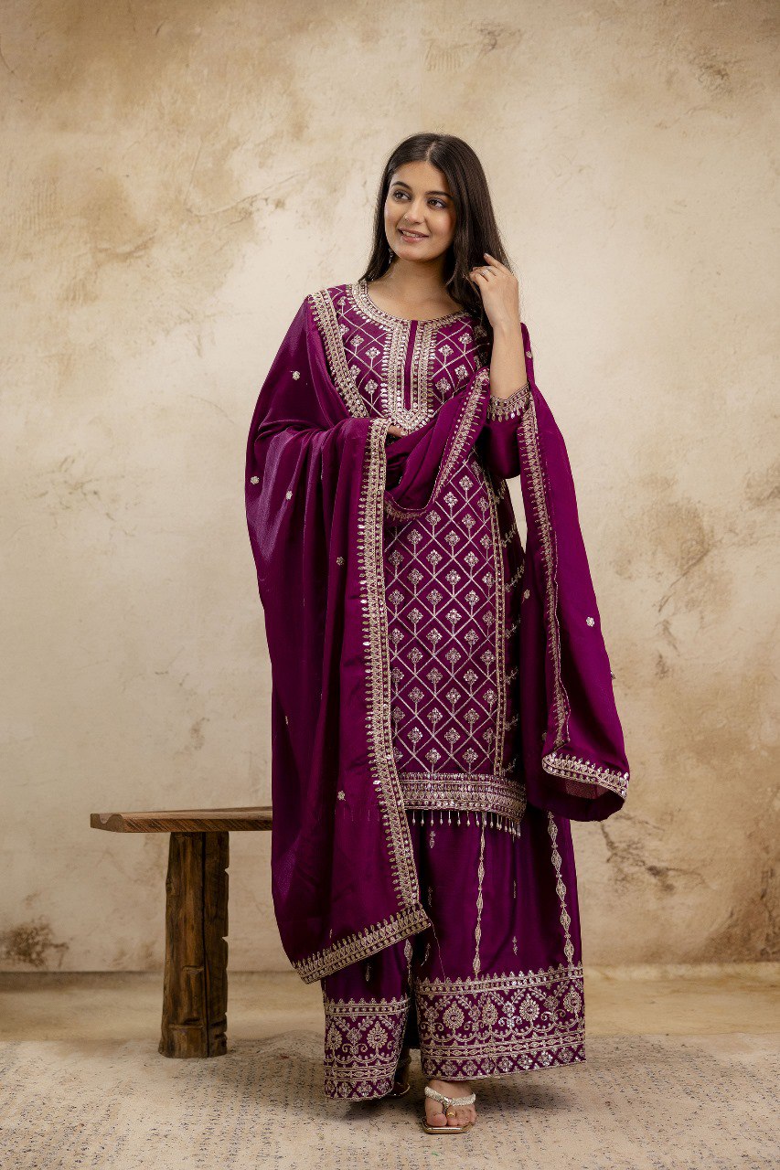 Wine Premium Chinon Sharara Suit Set with Heavy Coding Sequins Embroidery