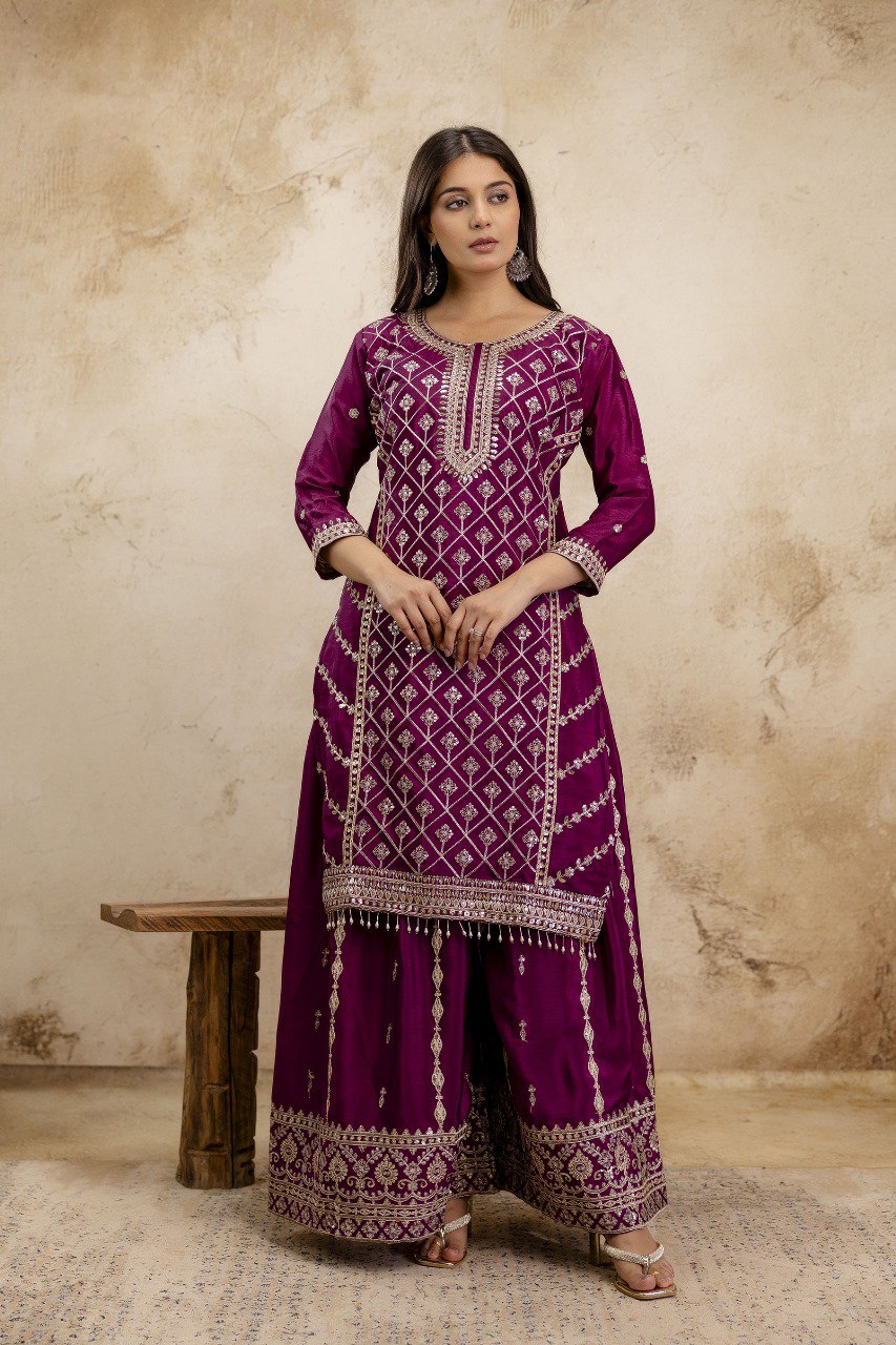 Wine Premium Chinon Sharara Suit Set with Heavy Coding Sequins Embroidery
