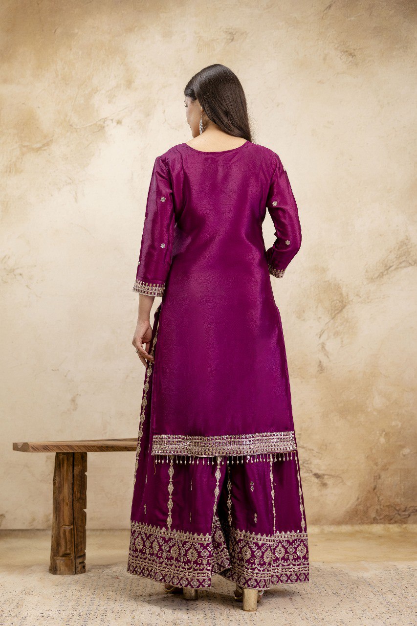 Wine Premium Chinon Sharara Suit Set with Heavy Coding Sequins Embroidery