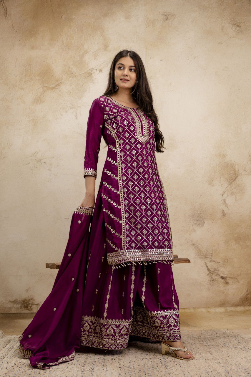 Wine Premium Chinon Sharara Suit Set with Heavy Coding Sequins Embroidery