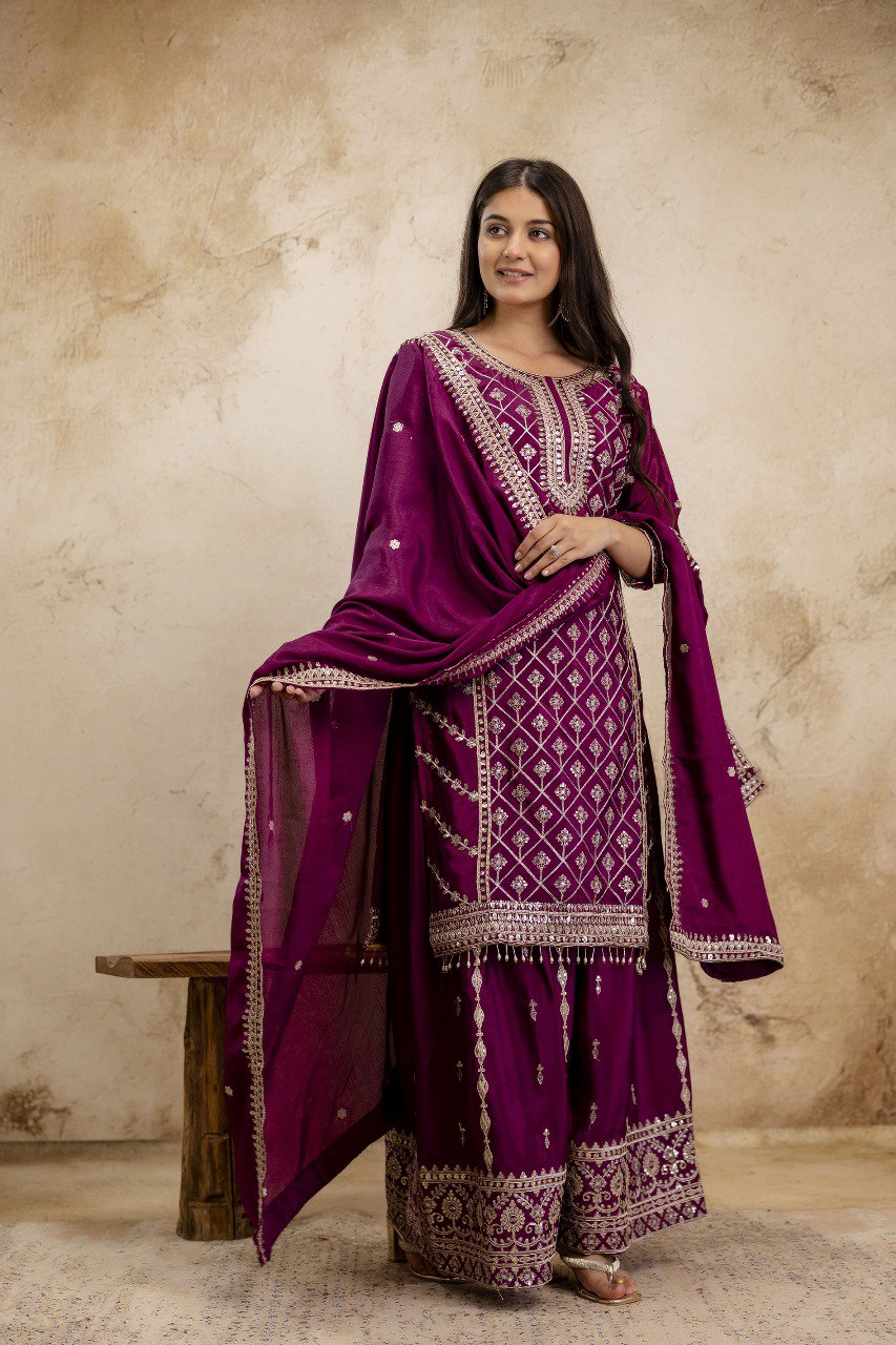 Wine Premium Chinon Sharara Suit Set with Heavy Coding Sequins Embroidery