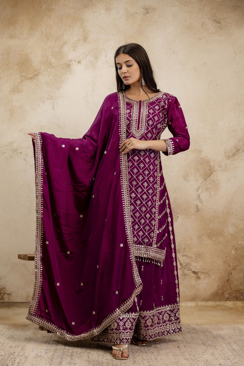 Wine Premium Chinon Sharara Suit Set with Heavy Coding Sequins Embroidery