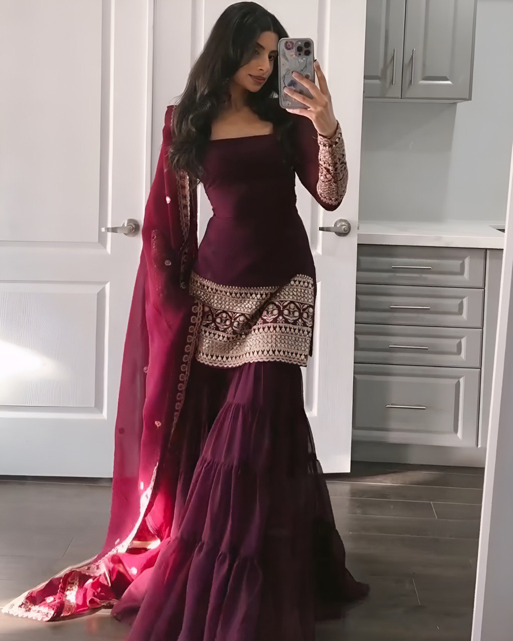 Wine Premium Designer Georgette Sharara Set – Fully Stitched