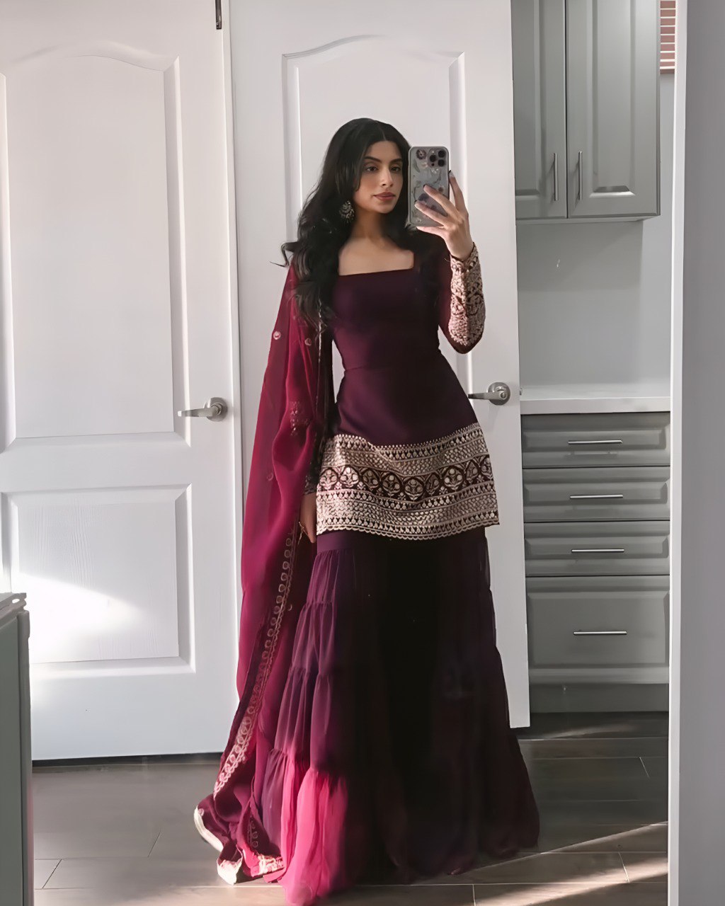 Wine Premium Designer Georgette Sharara Set – Fully Stitched