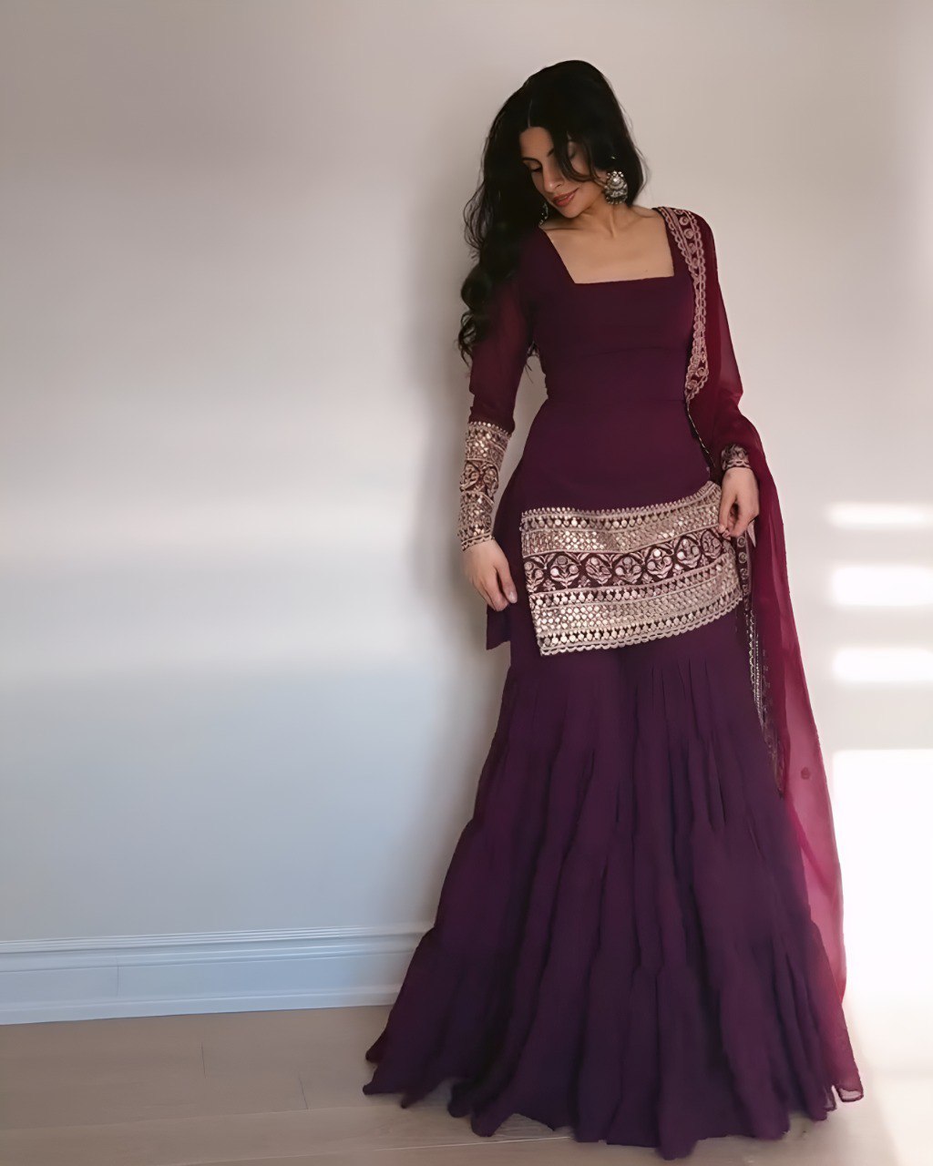 Wine Premium Designer Georgette Sharara Set – Fully Stitched
