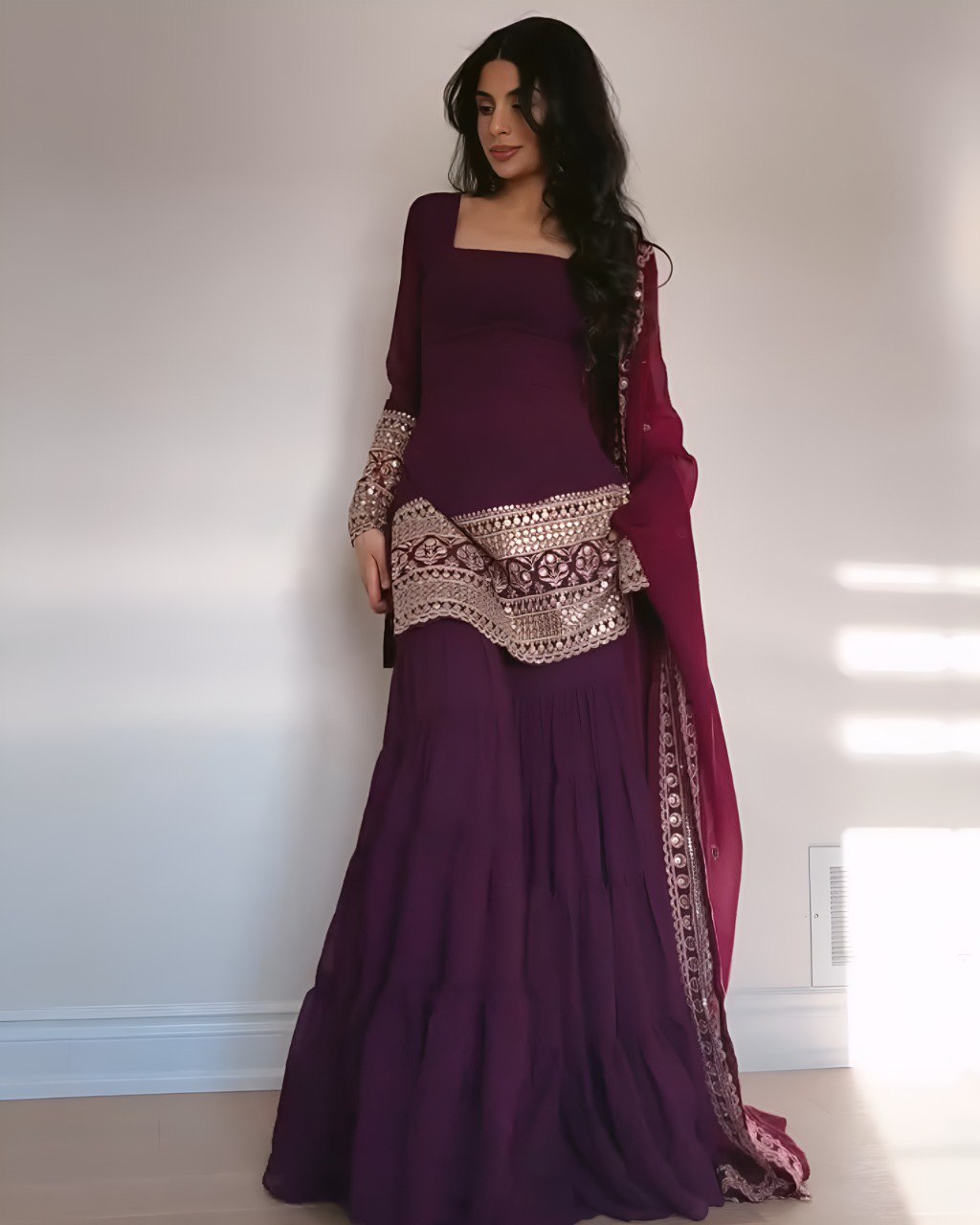 Wine Premium Designer Georgette Sharara Set – Fully Stitched