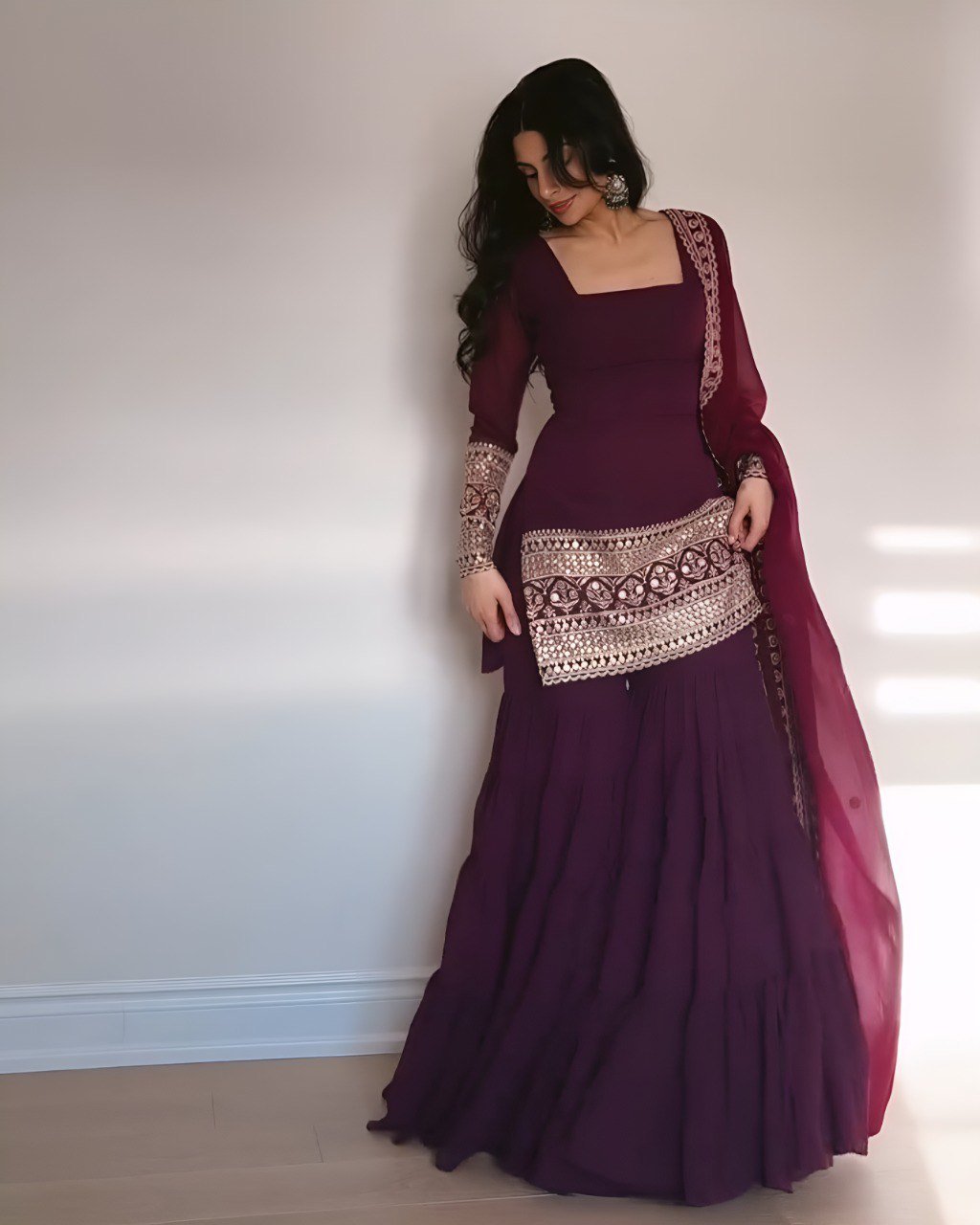 Wine Premium Designer Georgette Sharara Set – Fully Stitched