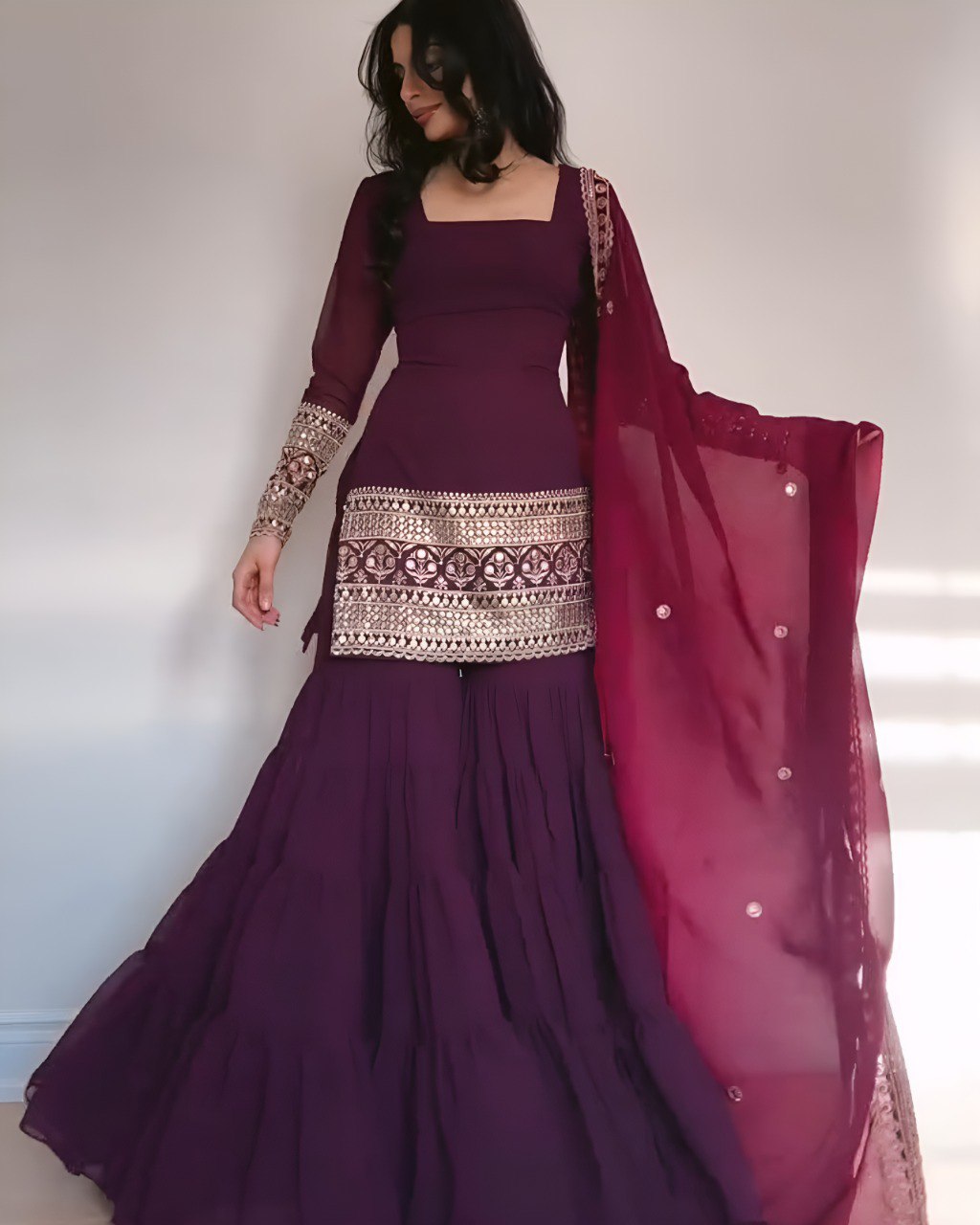 Wine Premium Designer Georgette Sharara Set – Fully Stitched