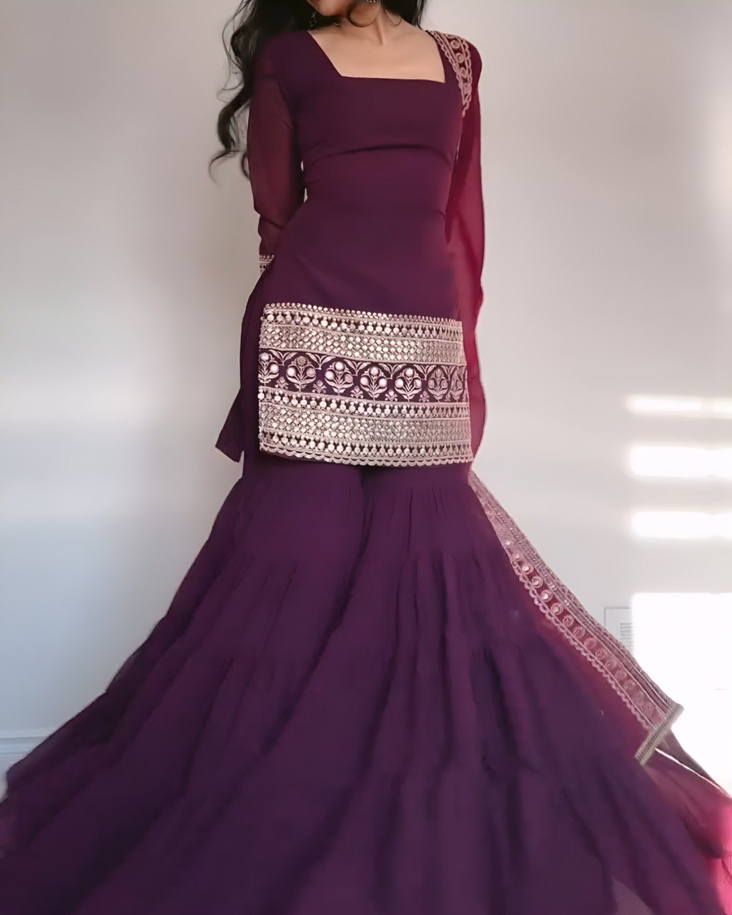Wine Premium Designer Georgette Sharara Set – Fully Stitched