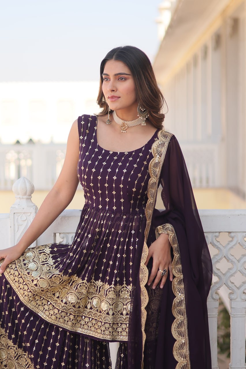 Wine Premium Designer Kurti-Gharara-Dupatta Set for Dazzling Occasions