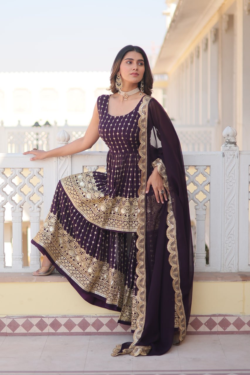 Wine Premium Designer Kurti-Gharara-Dupatta Set for Dazzling Occasions