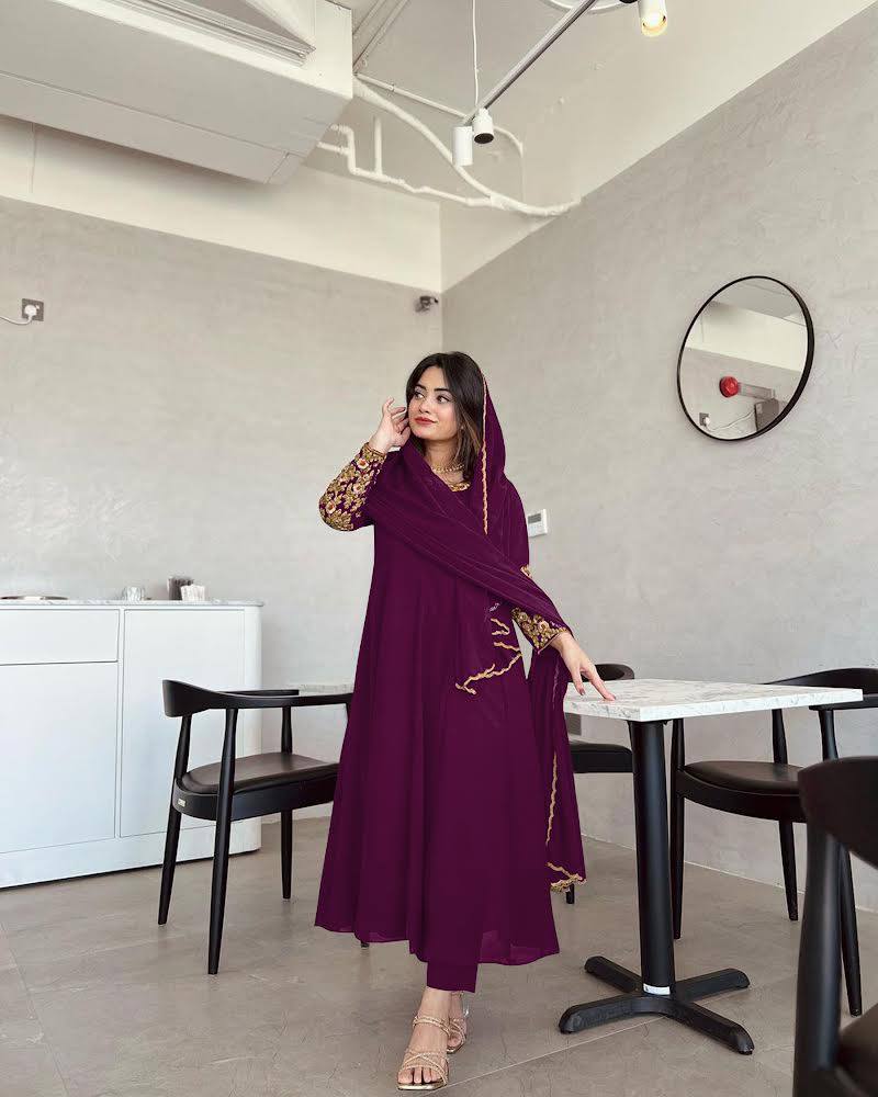 Wine Premium Designer Party Wear Anarkali Gown, Dupatta & Bottom Set
