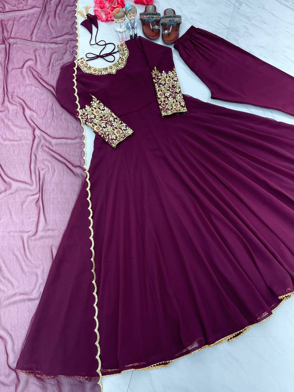 Wine Premium Designer Party Wear Anarkali Gown, Dupatta & Bottom Set