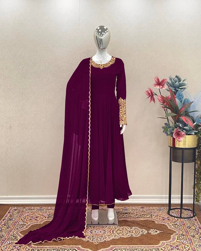 Wine Premium Designer Party Wear Anarkali Gown, Dupatta & Bottom Set
