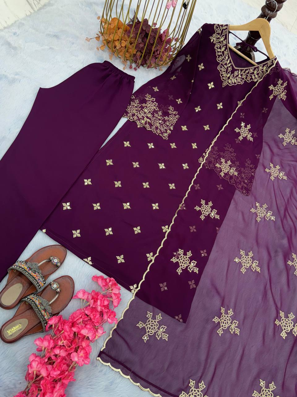 Wine Premium Designer Party Wear Faux Georgette Top, Bottom & Dupatta Set