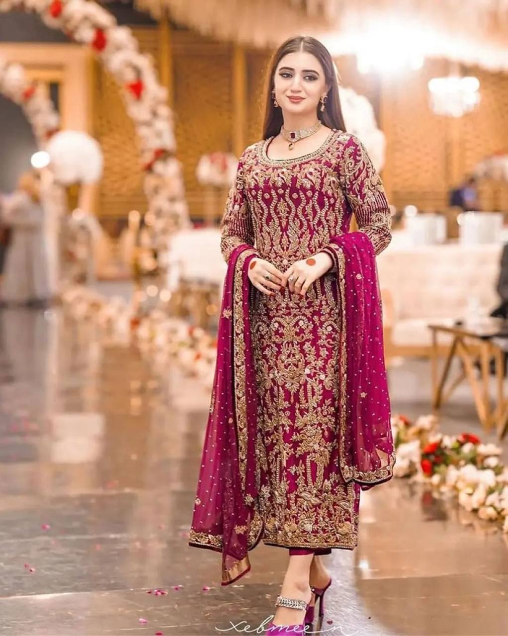 Wine Premium Designer Party Wear Faux Georgette Top, Bottom & Dupatta Set