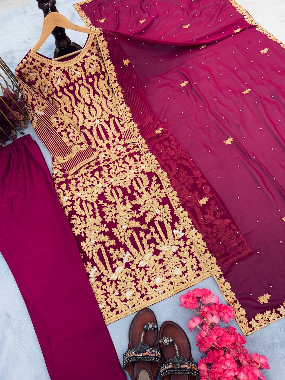 Wine Premium Designer Party Wear Faux Georgette Top, Bottom & Dupatta Set