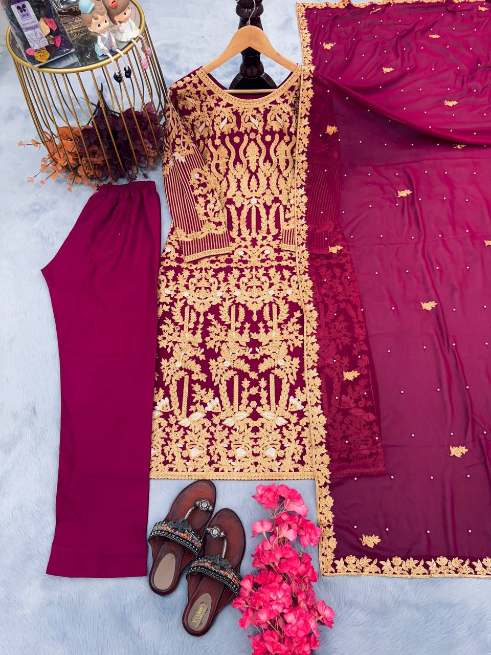 Wine Premium Designer Party Wear Faux Georgette Top, Bottom & Dupatta Set